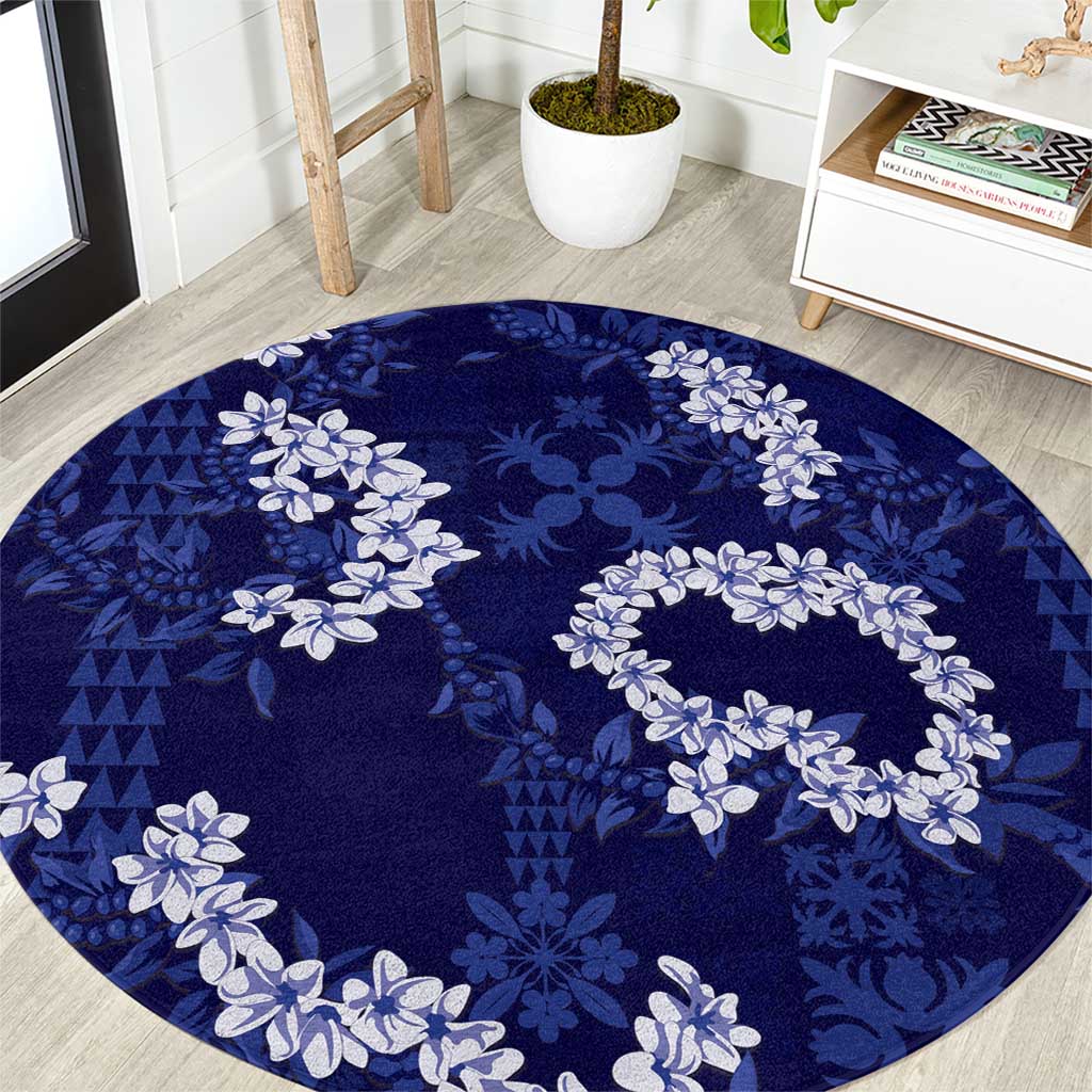 Mokihana Maile and Ilima Leis Round Carpet Uliuli Hawaiian Tapa Quilt Pattern LT9 Blue - Polynesian Pride