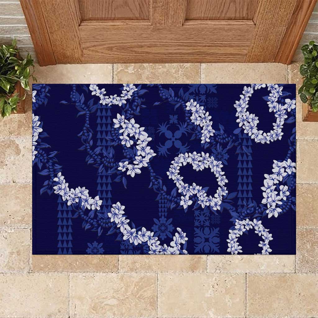 Mokihana Maile and Ilima Leis Rubber Doormat Uliuli Hawaiian Tapa Quilt Pattern LT9 Blue - Polynesian Pride