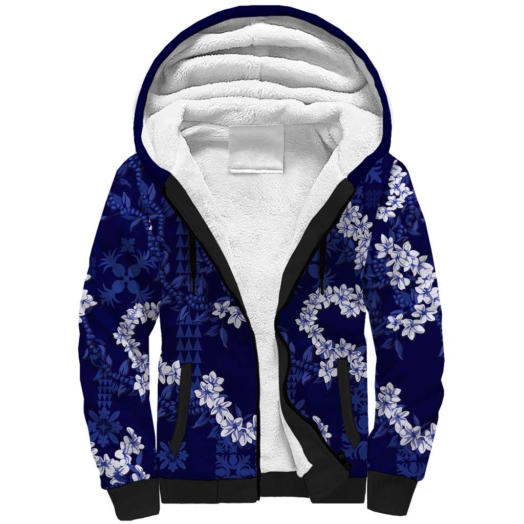 Mokihana Maile and Ilima Leis Sherpa Hoodie Uliuli Hawaiian Tapa Quilt Pattern LT9 Unisex Blue - Polynesian Pride