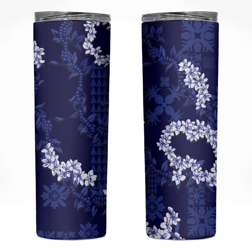 Mokihana Maile and Ilima Leis Skinny Tumbler Uliuli Hawaiian Tapa Quilt Pattern LT9 Blue - Polynesian Pride