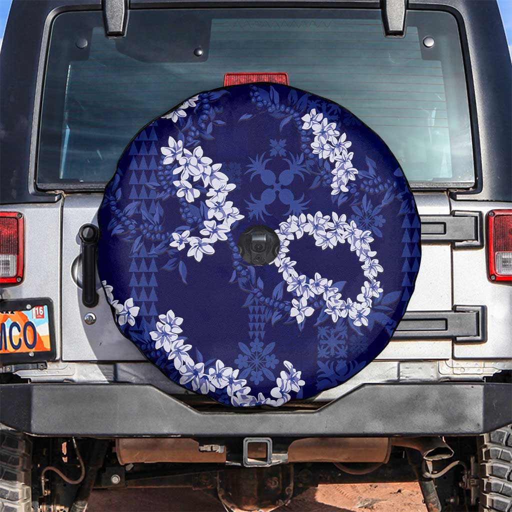 Mokihana Maile and Ilima Leis Spare Tire Cover Uliuli Hawaiian Tapa Quilt Pattern LT9 Blue - Polynesian Pride