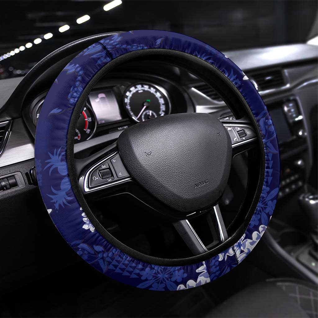 Mokihana Maile and Ilima Leis Steering Wheel Cover Uliuli Hawaiian Tapa Quilt Pattern LT9 Universal Fit Blue - Polynesian Pride