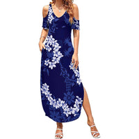Mokihana Maile and Ilima Leis Summer Maxi Dress Uliuli Hawaiian Tapa Quilt Pattern LT9 Women Blue - Polynesian Pride