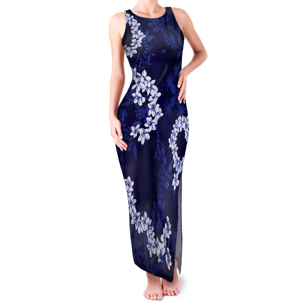 Mokihana Maile and Ilima Leis Tank Maxi Dress Uliuli Hawaiian Tapa Quilt Pattern LT9 Women Blue - Polynesian Pride