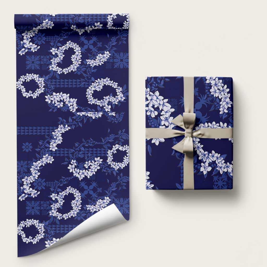 Mokihana Maile and Ilima Leis Wrapping Paper Uliuli Hawaiian Tapa Quilt Pattern LT9 58" × 23" Blue - Polynesian Pride