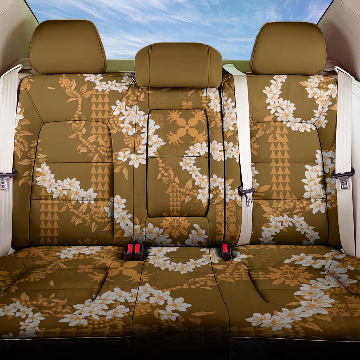 Mokihana Maile and Ilima Leis Back Car Seat Cover Alani Hawaiian Tapa Quilt Pattern LT9 One Size Gold - Polynesian Pride
