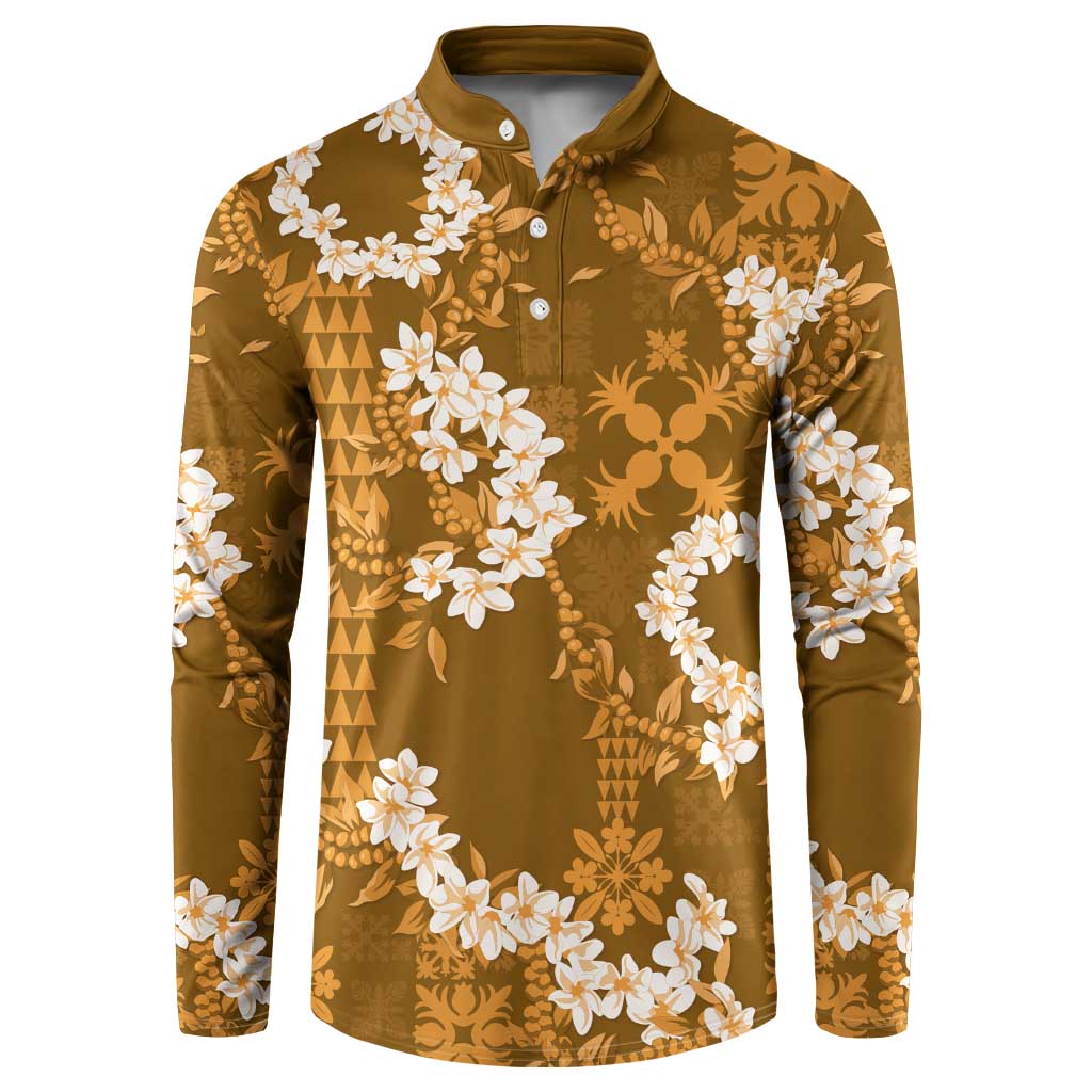 Mokihana Maile and Ilima Leis Button Sweatshirt Alani Hawaiian Tapa Quilt Pattern LT9 Gold - Polynesian Pride
