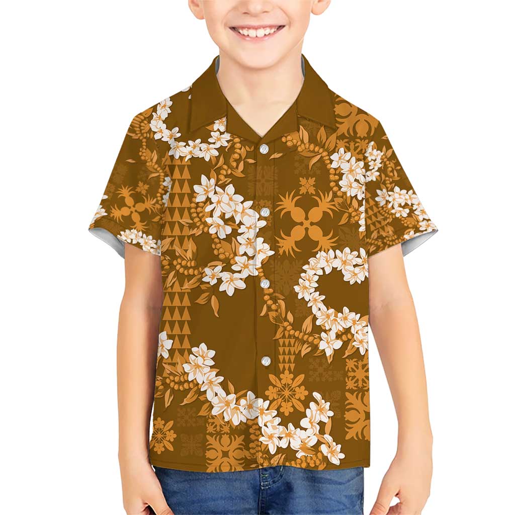 Mokihana Maile and Ilima Leis Kid Hawaiian Shirt Alani Hawaiian Tapa Quilt Pattern LT9 Kid Gold - Polynesian Pride