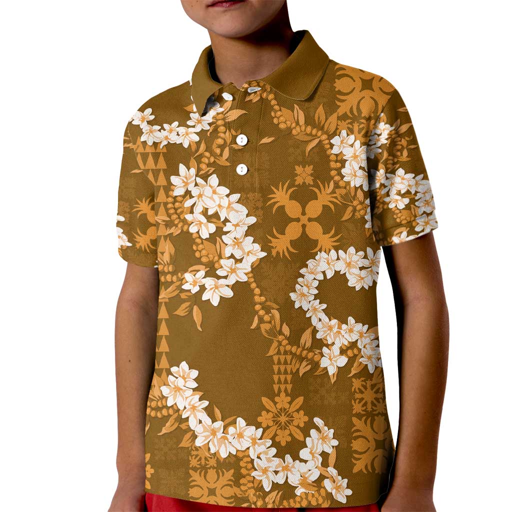 Mokihana Maile and Ilima Leis Kid Polo Shirt Alani Hawaiian Tapa Quilt Pattern LT9 Kid Gold - Polynesian Pride