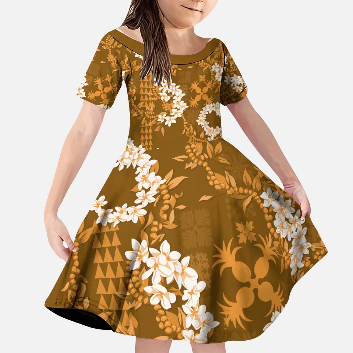 Mokihana Maile and Ilima Leis Kid Short Sleeve Dress Alani Hawaiian Tapa Quilt Pattern LT9 KID Gold - Polynesian Pride