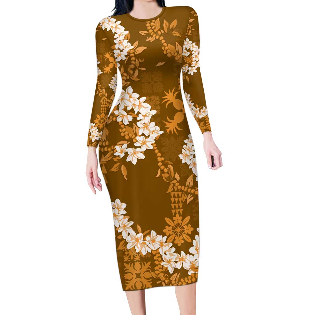 Mokihana Maile and Ilima Leis Long Sleeve Bodycon Dress Alani Hawaiian Tapa Quilt Pattern LT9 Long Dress Gold - Polynesian Pride