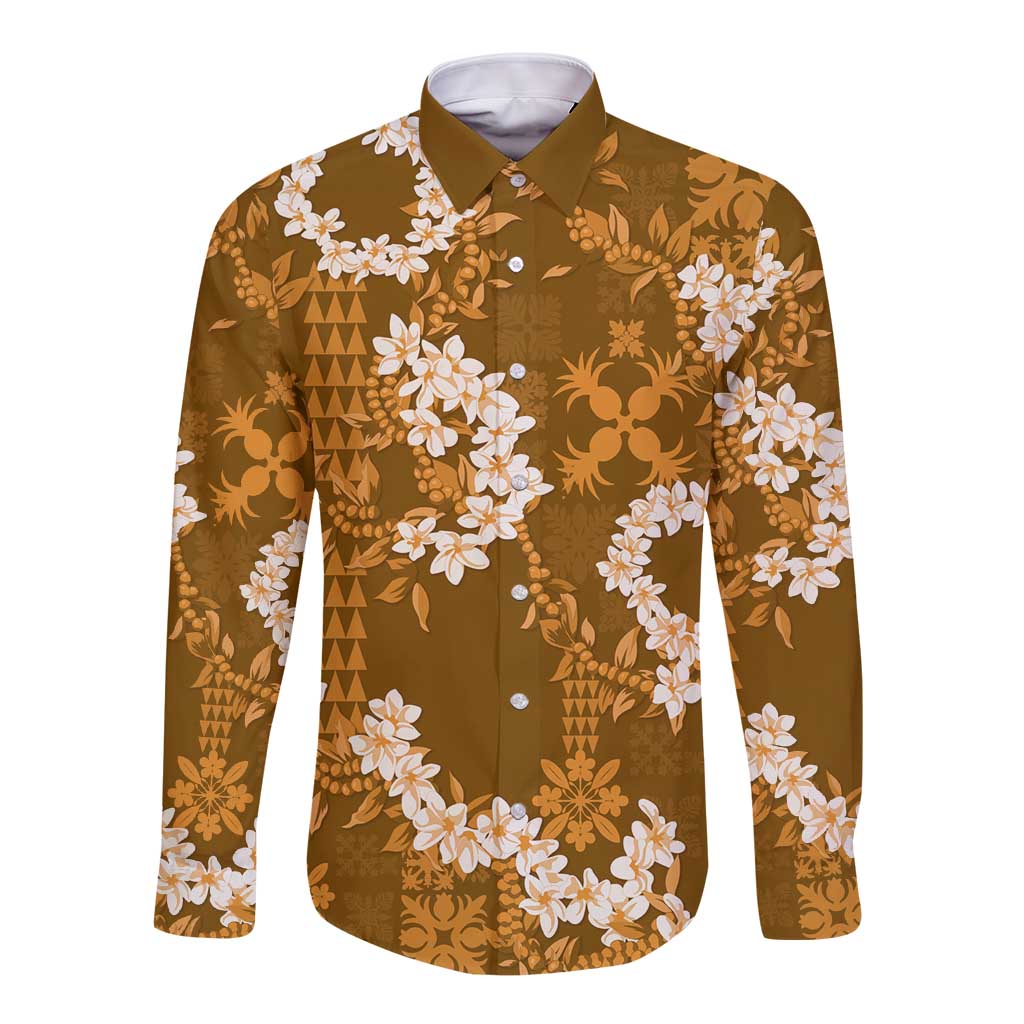 Mokihana Maile and Ilima Leis Long Sleeve Button Shirt Alani Hawaiian Tapa Quilt Pattern LT9 Unisex Gold - Polynesian Pride
