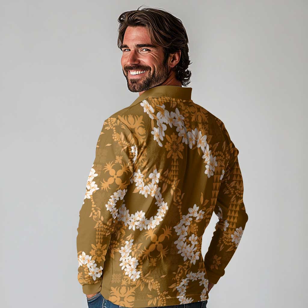 Mokihana Maile and Ilima Leis Long Sleeve Polo Shirt Alani Hawaiian Tapa Quilt Pattern LT9 - Polynesian Pride