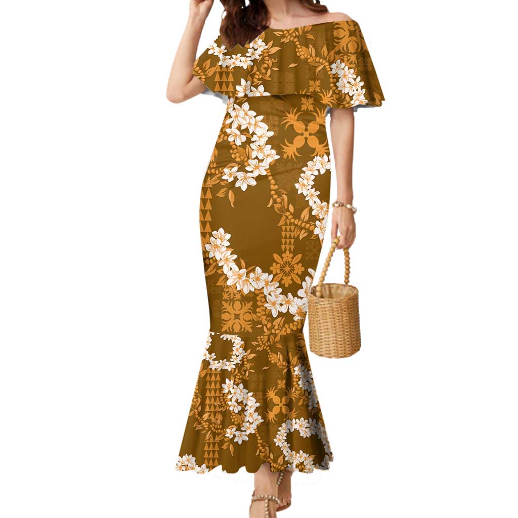 Mokihana Maile and Ilima Leis Mermaid Dress Alani Hawaiian Tapa Quilt Pattern LT9 Women Gold - Polynesian Pride