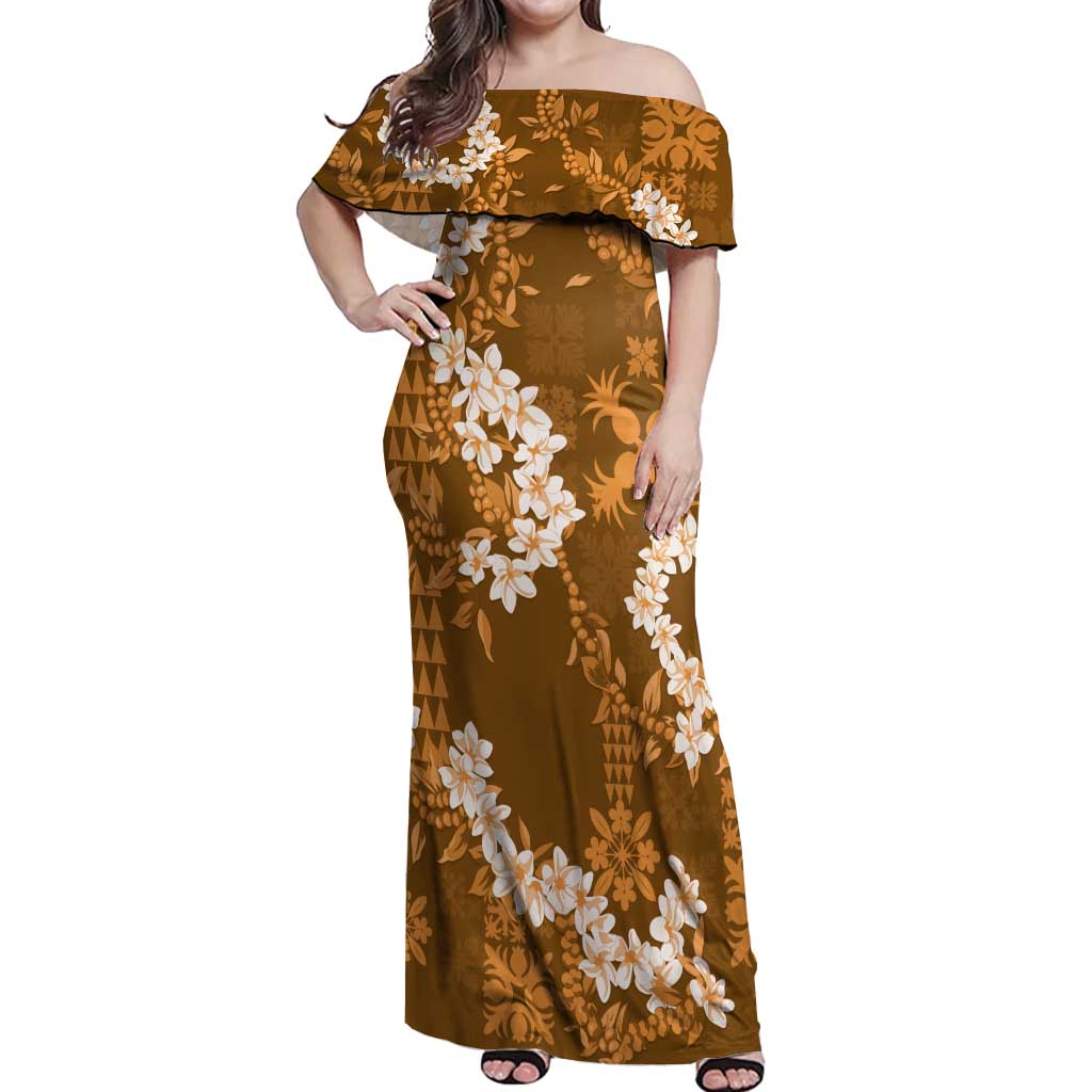 Mokihana Maile and Ilima Leis Off Shoulder Maxi Dress Alani Hawaiian Tapa Quilt Pattern LT9 Women Gold - Polynesian Pride