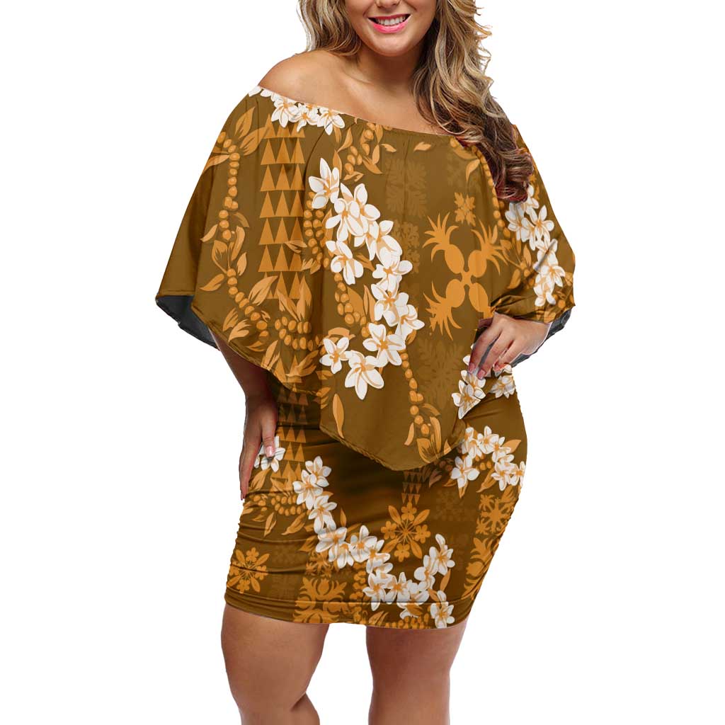 Mokihana Maile and Ilima Leis Off Shoulder Short Dress Alani Hawaiian Tapa Quilt Pattern LT9 Women Gold - Polynesian Pride
