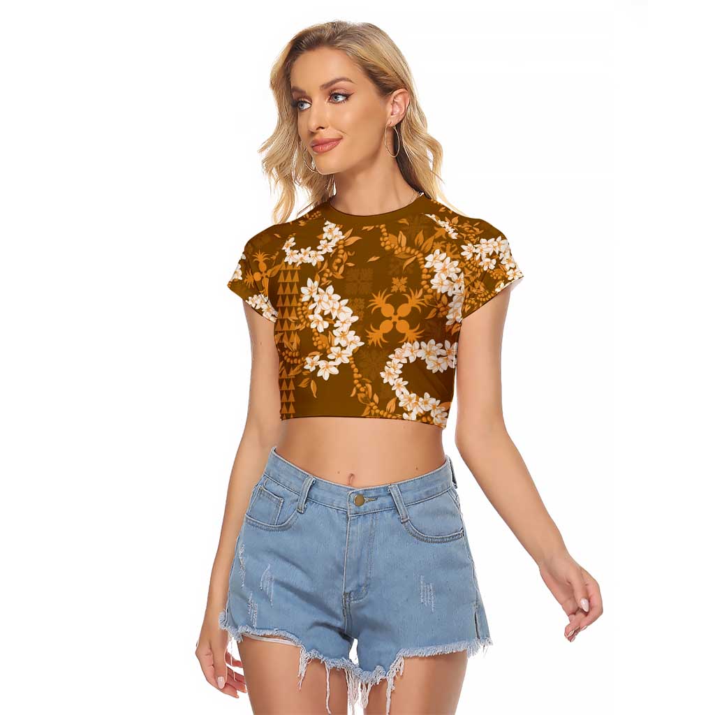 Mokihana Maile and Ilima Leis Raglan Cropped T Shirt Alani Hawaiian Tapa Quilt Pattern LT9 Female Gold - Polynesian Pride