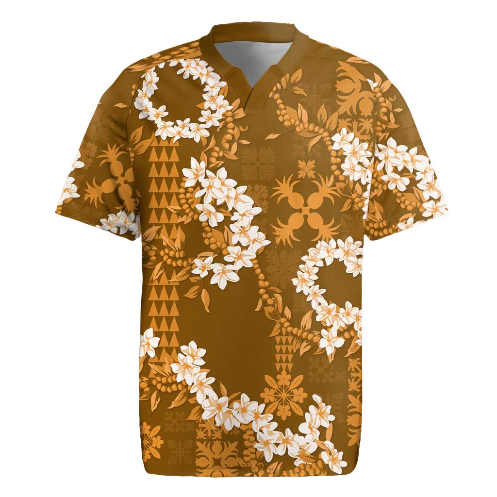 Mokihana Maile and Ilima Leis Rugby Jersey Alani Hawaiian Tapa Quilt Pattern LT9 Gold - Polynesian Pride
