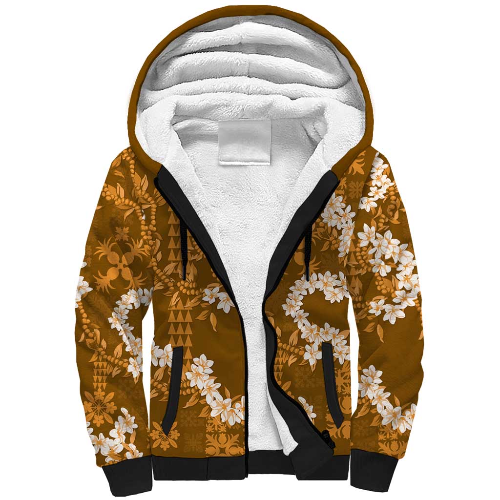 Mokihana Maile and Ilima Leis Sherpa Hoodie Alani Hawaiian Tapa Quilt Pattern LT9 Unisex Gold - Polynesian Pride