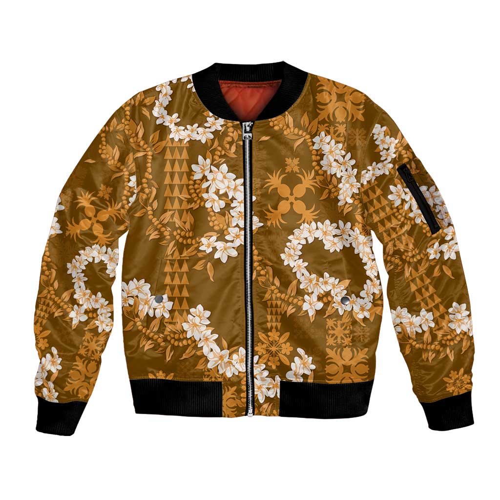 Mokihana Maile and Ilima Leis Sleeve Zip Bomber Jacket Alani Hawaiian Tapa Quilt Pattern LT9 Unisex Gold - Polynesian Pride