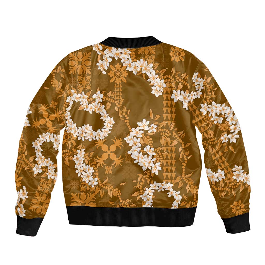 Mokihana Maile and Ilima Leis Sleeve Zip Bomber Jacket Alani Hawaiian Tapa Quilt Pattern LT9 - Polynesian Pride