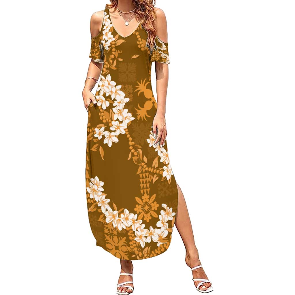 Mokihana Maile and Ilima Leis Summer Maxi Dress Alani Hawaiian Tapa Quilt Pattern LT9 Women Gold - Polynesian Pride