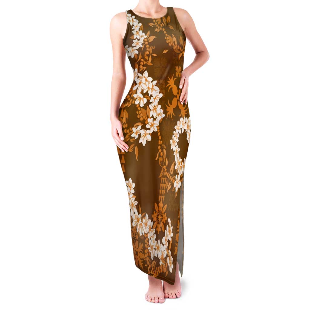 Mokihana Maile and Ilima Leis Tank Maxi Dress Alani Hawaiian Tapa Quilt Pattern LT9 Women Gold - Polynesian Pride