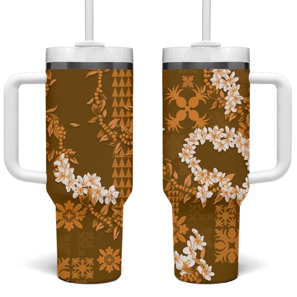 Mokihana Maile and Ilima Leis Tumbler With Handle Alani Hawaiian Tapa Quilt Pattern LT9 One Size: 40 oz Gold - Polynesian Pride