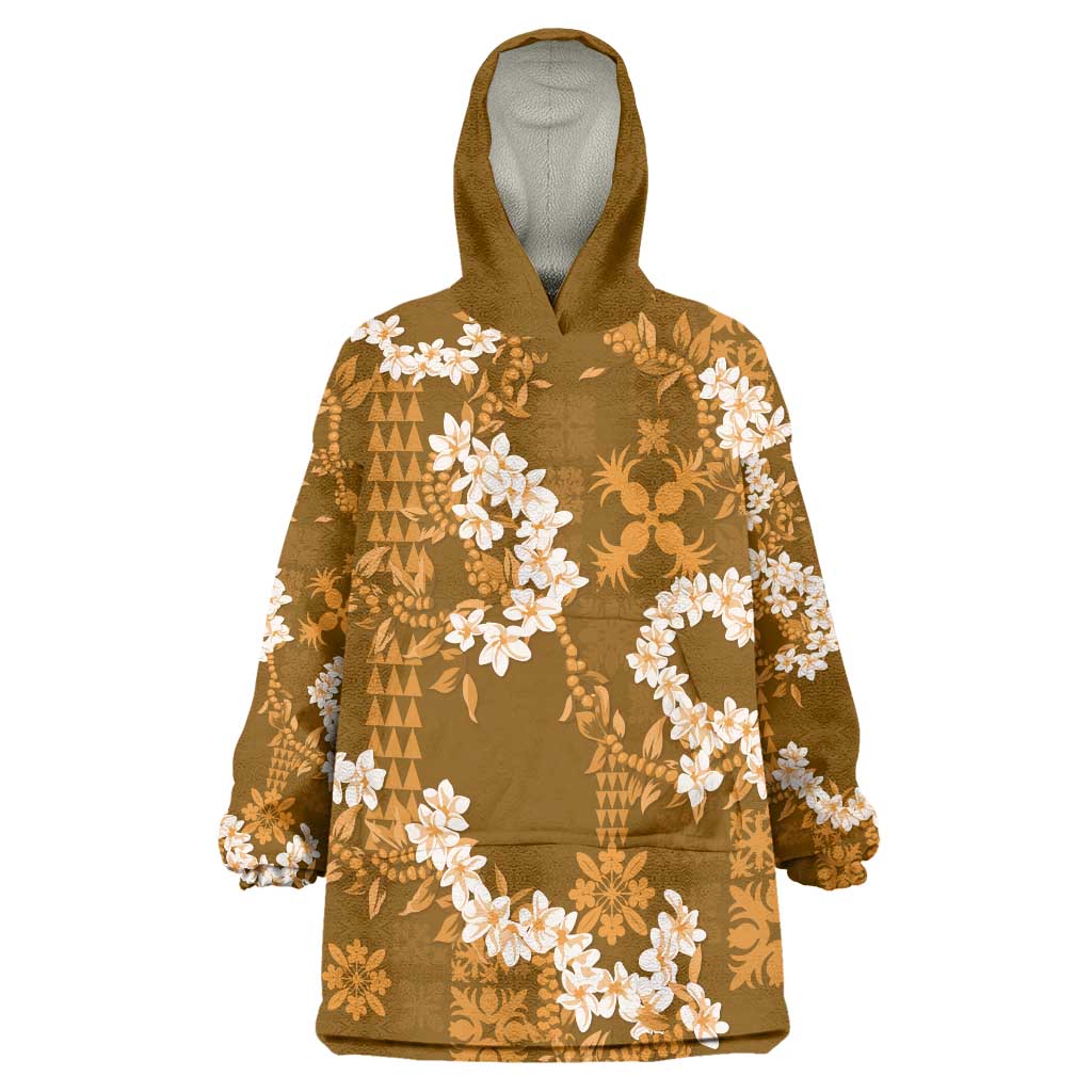 Mokihana Maile and Ilima Leis Wearable Blanket Hoodie Alani Hawaiian Tapa Quilt Pattern LT9 One Size Gold - Polynesian Pride