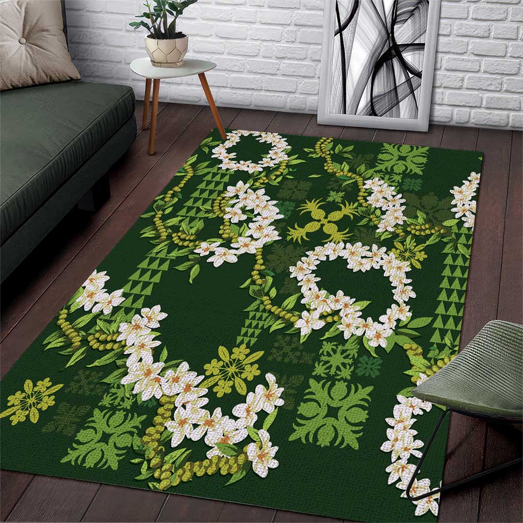 Mokihana Maile and Ilima Leis Area Rug Omaʻomaʻo Hawaiian Tapa Quilt Pattern LT9 Green - Polynesian Pride