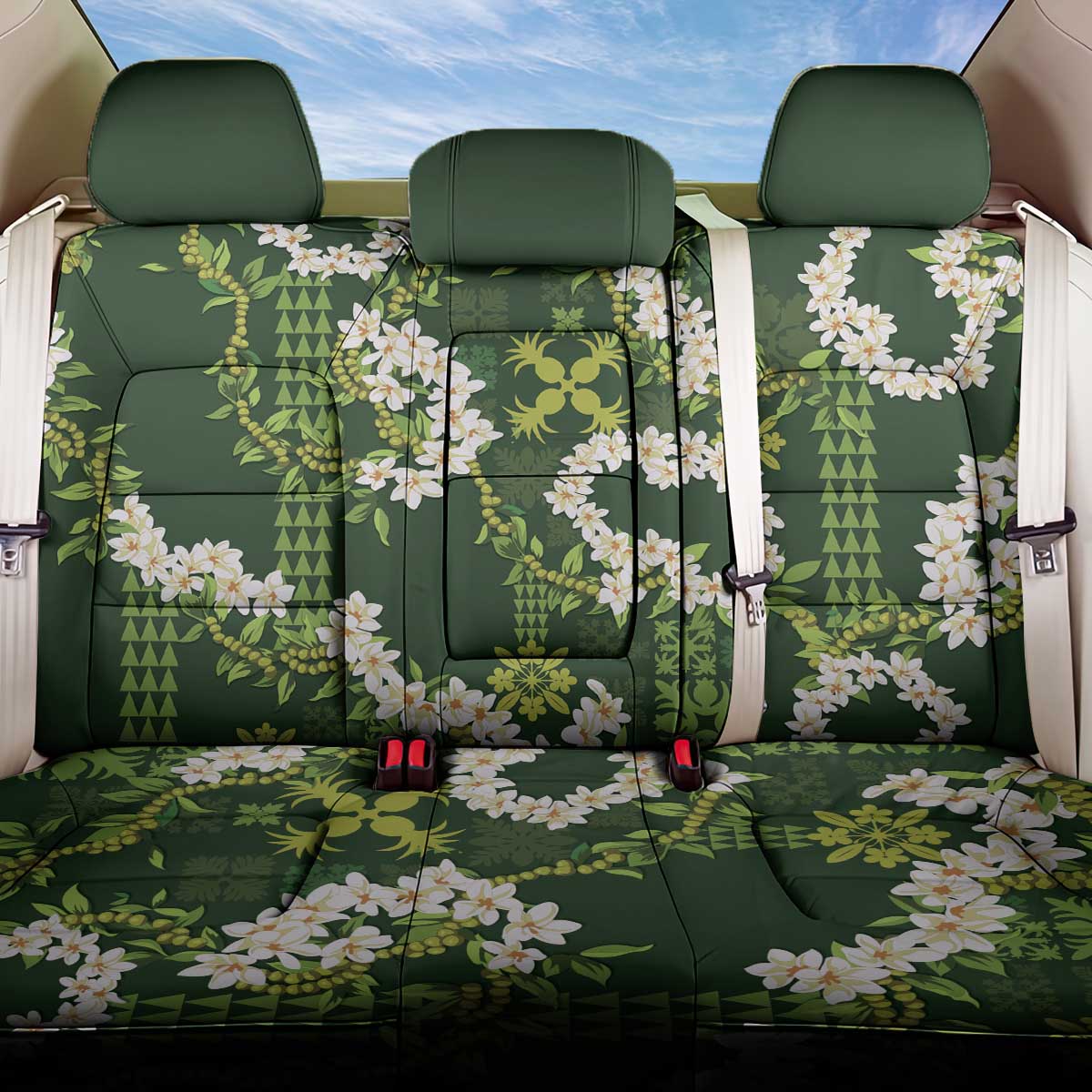 Mokihana Maile and Ilima Leis Back Car Seat Cover Omaʻomaʻo Hawaiian Tapa Quilt Pattern LT9 One Size Green - Polynesian Pride