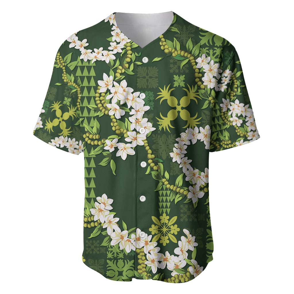 Mokihana Maile and Ilima Leis Baseball Jersey Omaʻomaʻo Hawaiian Tapa Quilt Pattern LT9 Green - Polynesian Pride