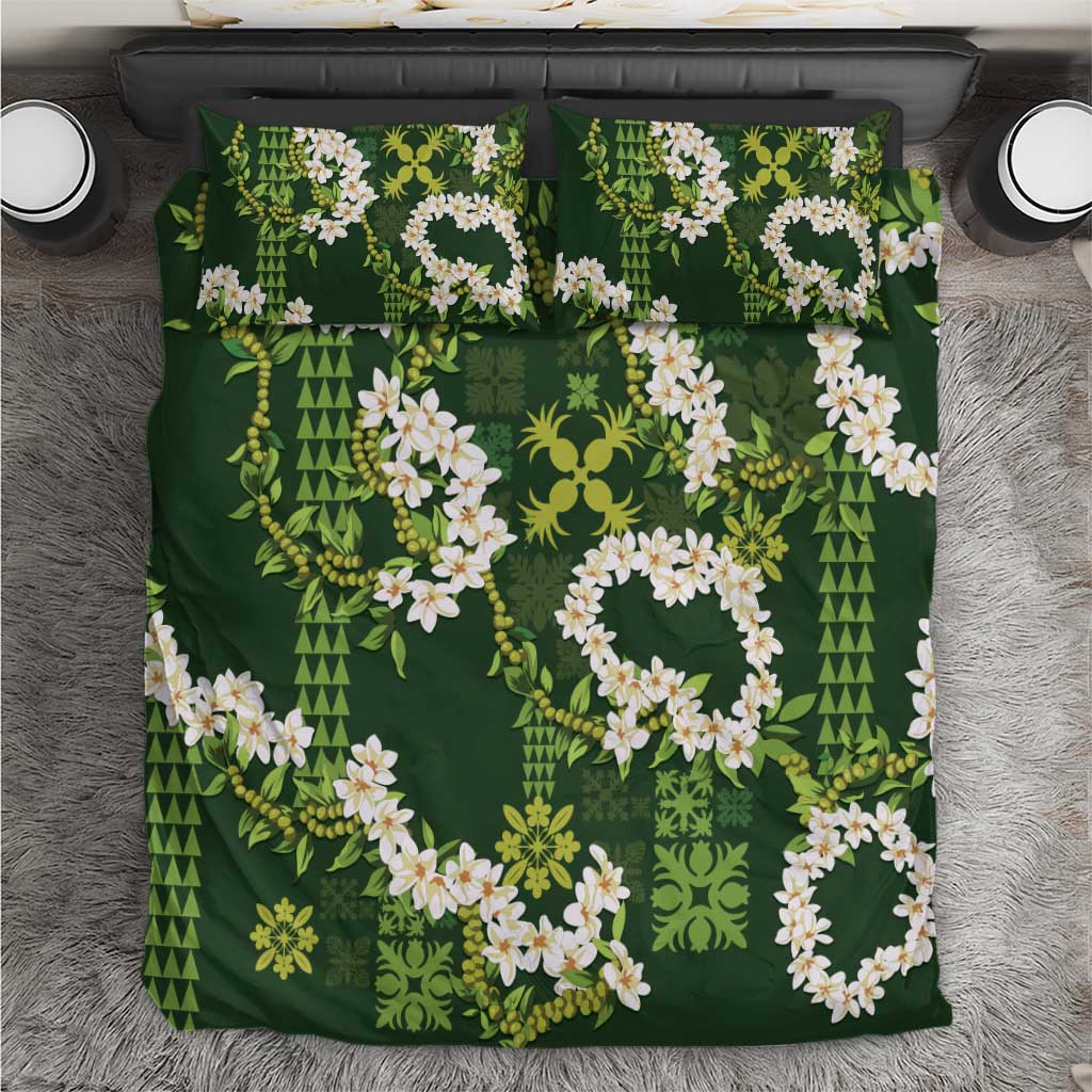 Mokihana Maile and Ilima Leis Bedding Set Omaʻomaʻo Hawaiian Tapa Quilt Pattern LT9 Green - Polynesian Pride