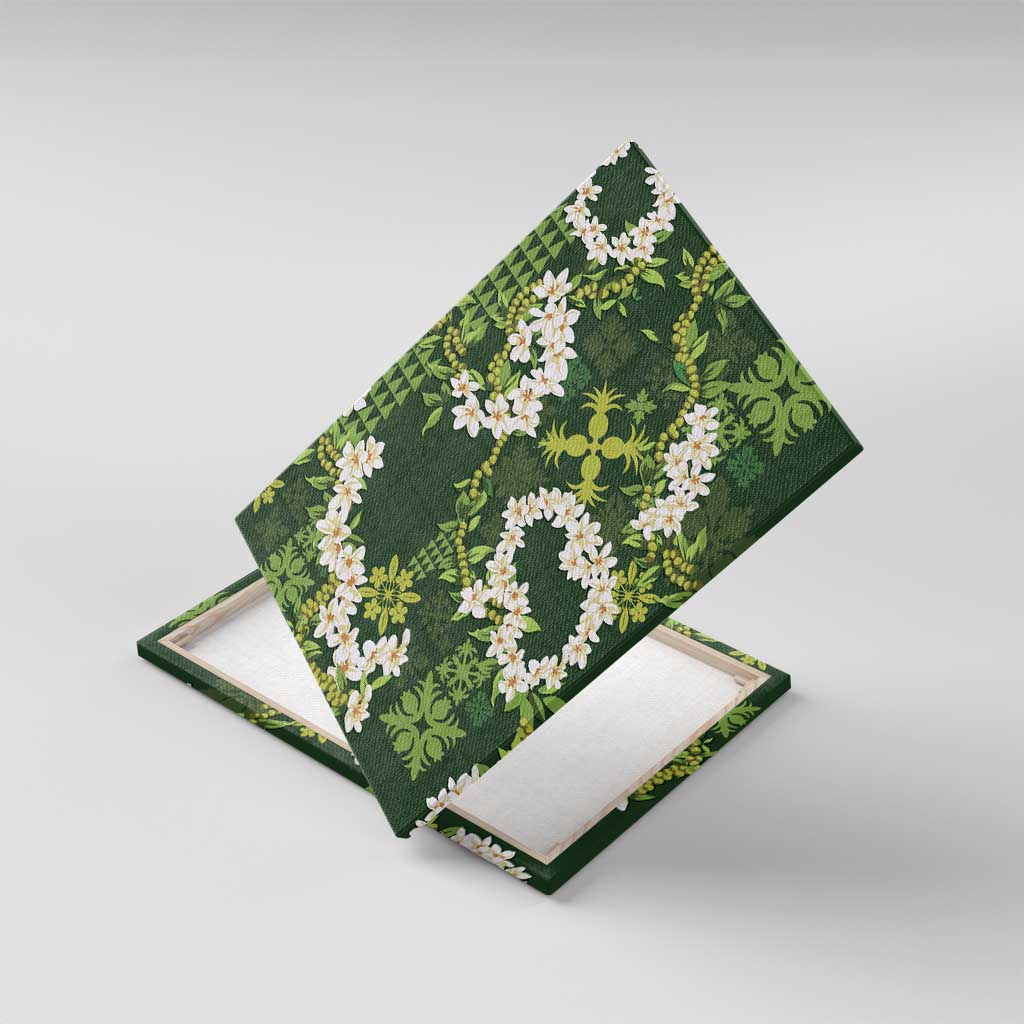 Mokihana Maile and Ilima Leis Canvas Wall Art Omaʻomaʻo Hawaiian Tapa Quilt Pattern LT9 With Frame Green - Polynesian Pride