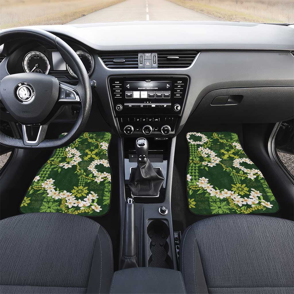 Mokihana Maile and Ilima Leis Car Mats Omaʻomaʻo Hawaiian Tapa Quilt Pattern LT9 Set 2pcs - Front Green - Polynesian Pride