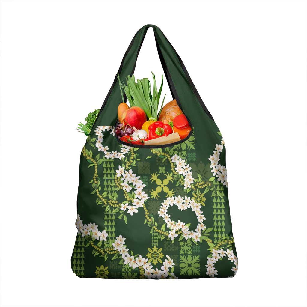 Mokihana Maile and Ilima Leis Grocery Bag Omaʻomaʻo Hawaiian Tapa Quilt Pattern LT9 1-pack One Size Green - Polynesian Pride