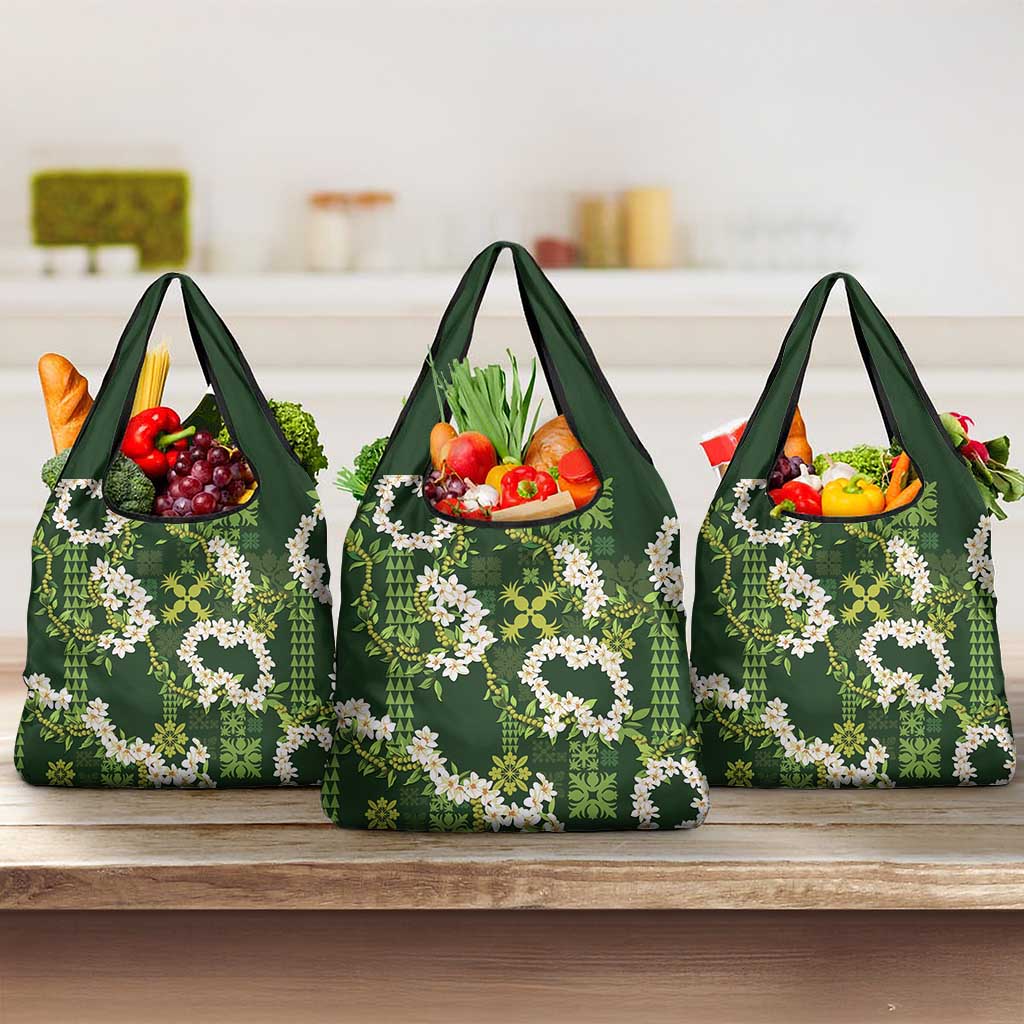 Mokihana Maile and Ilima Leis Grocery Bag Omaʻomaʻo Hawaiian Tapa Quilt Pattern LT9 3-pack One Size Green - Polynesian Pride