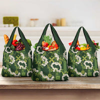 Mokihana Maile and Ilima Leis Grocery Bag Omaʻomaʻo Hawaiian Tapa Quilt Pattern LT9 3-pack One Size Green - Polynesian Pride