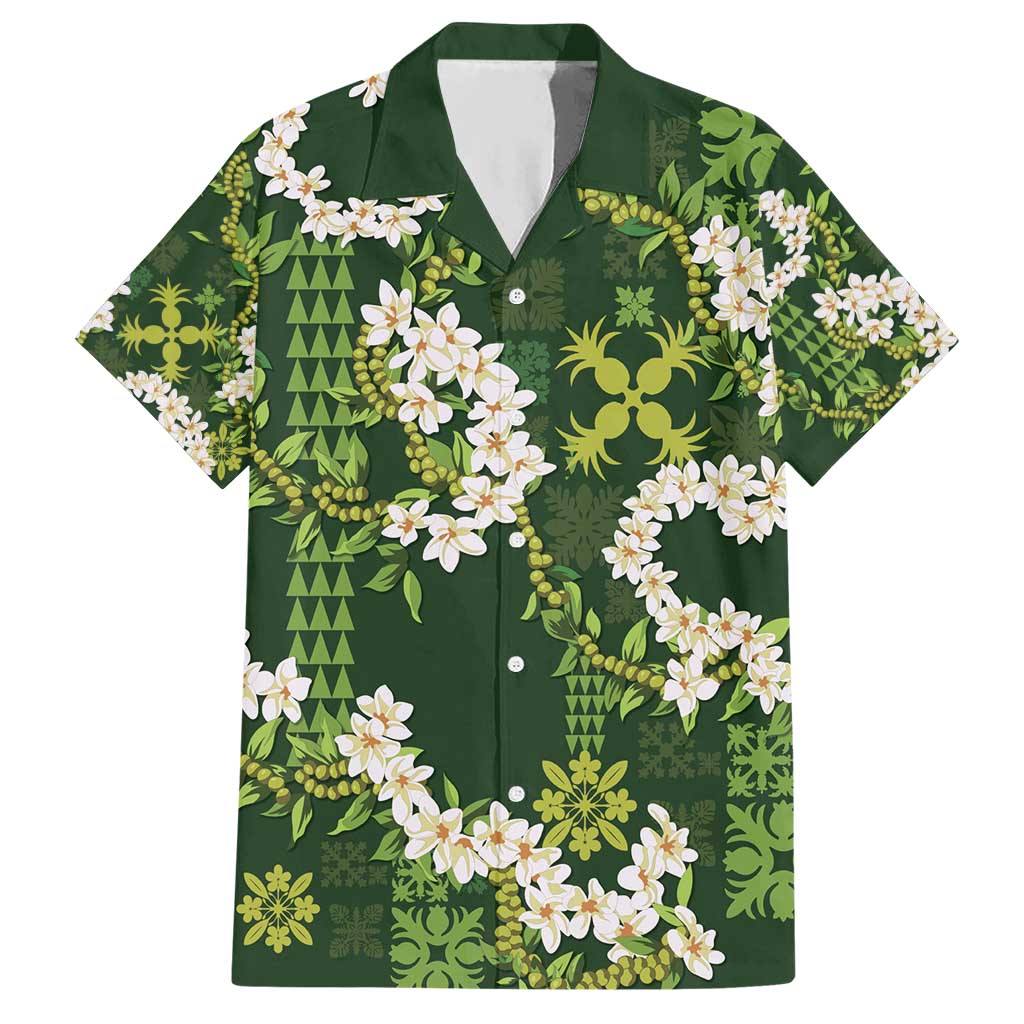 Mokihana Maile and Ilima Leis Hawaiian Shirt Omaʻomaʻo Hawaiian Tapa Quilt Pattern LT9 Green - Polynesian Pride