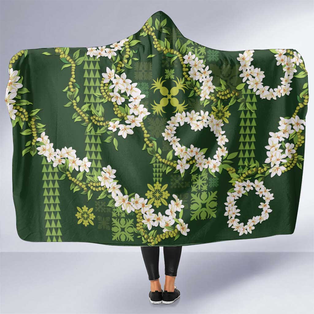 Mokihana Maile and Ilima Leis Hooded Blanket Omaʻomaʻo Hawaiian Tapa Quilt Pattern LT9 One Size Green - Polynesian Pride