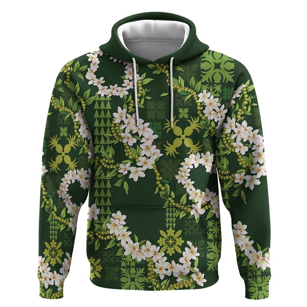 Mokihana Maile and Ilima Leis Hoodie Omaʻomaʻo Hawaiian Tapa Quilt Pattern LT9 Pullover Hoodie Green - Polynesian Pride