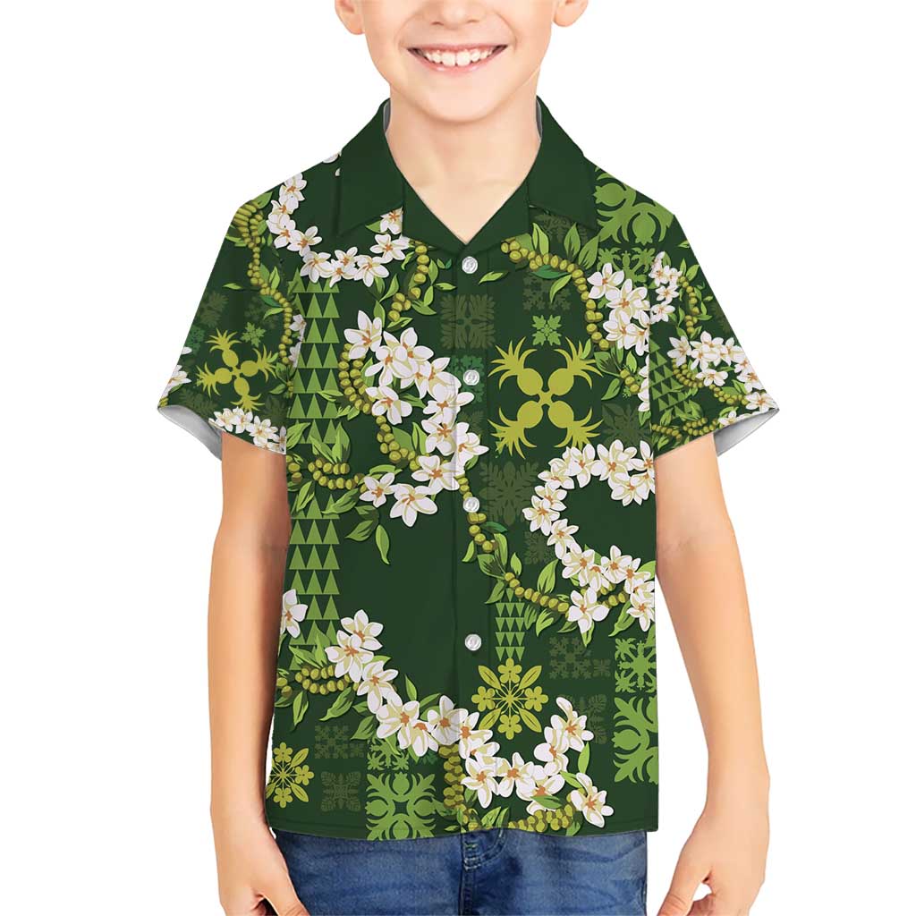 Mokihana Maile and Ilima Leis Kid Hawaiian Shirt Omaʻomaʻo Hawaiian Tapa Quilt Pattern LT9 Kid Green - Polynesian Pride