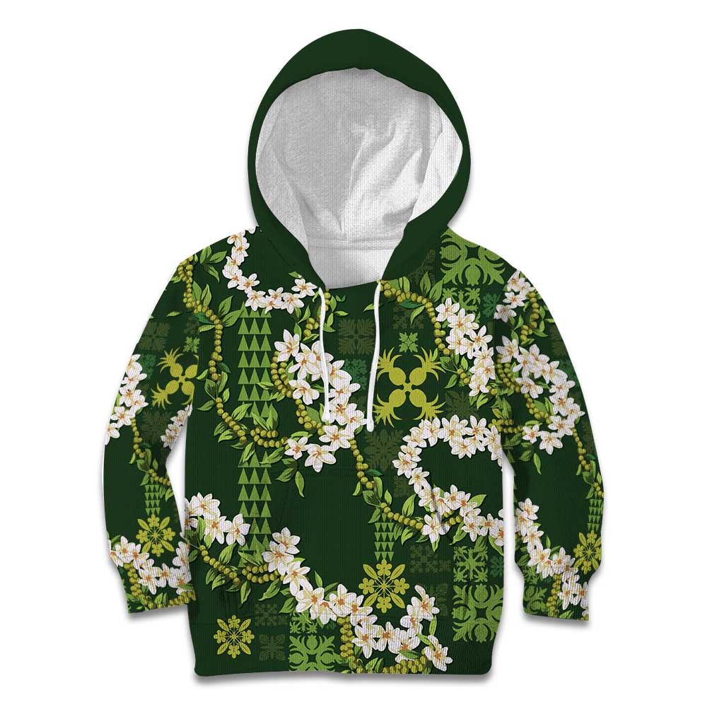 Mokihana Maile and Ilima Leis Kid Hoodie Omaʻomaʻo Hawaiian Tapa Quilt Pattern LT9 Hoodie Green - Polynesian Pride