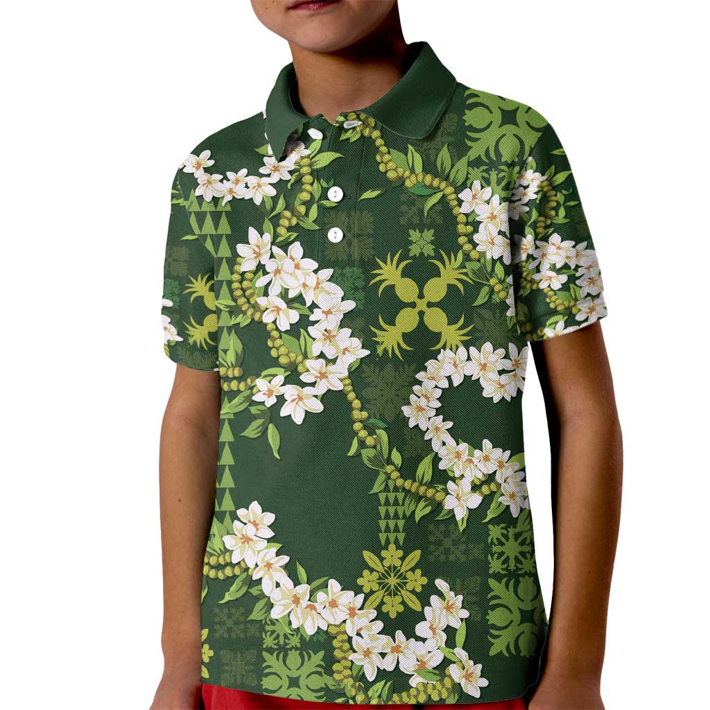 Mokihana Maile and Ilima Leis Kid Polo Shirt Omaʻomaʻo Hawaiian Tapa Quilt Pattern LT9 Kid Green - Polynesian Pride
