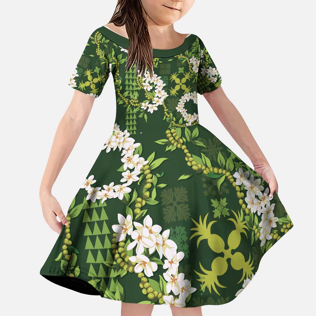Mokihana Maile and Ilima Leis Kid Short Sleeve Dress Omaʻomaʻo Hawaiian Tapa Quilt Pattern LT9 KID Green - Polynesian Pride