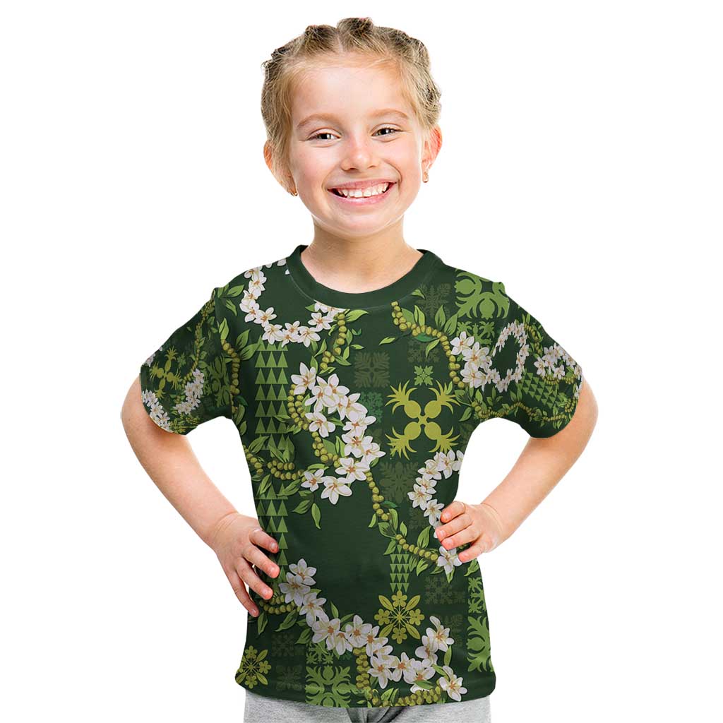 Mokihana Maile and Ilima Leis Kid T Shirt Omaʻomaʻo Hawaiian Tapa Quilt Pattern LT9 Green - Polynesian Pride