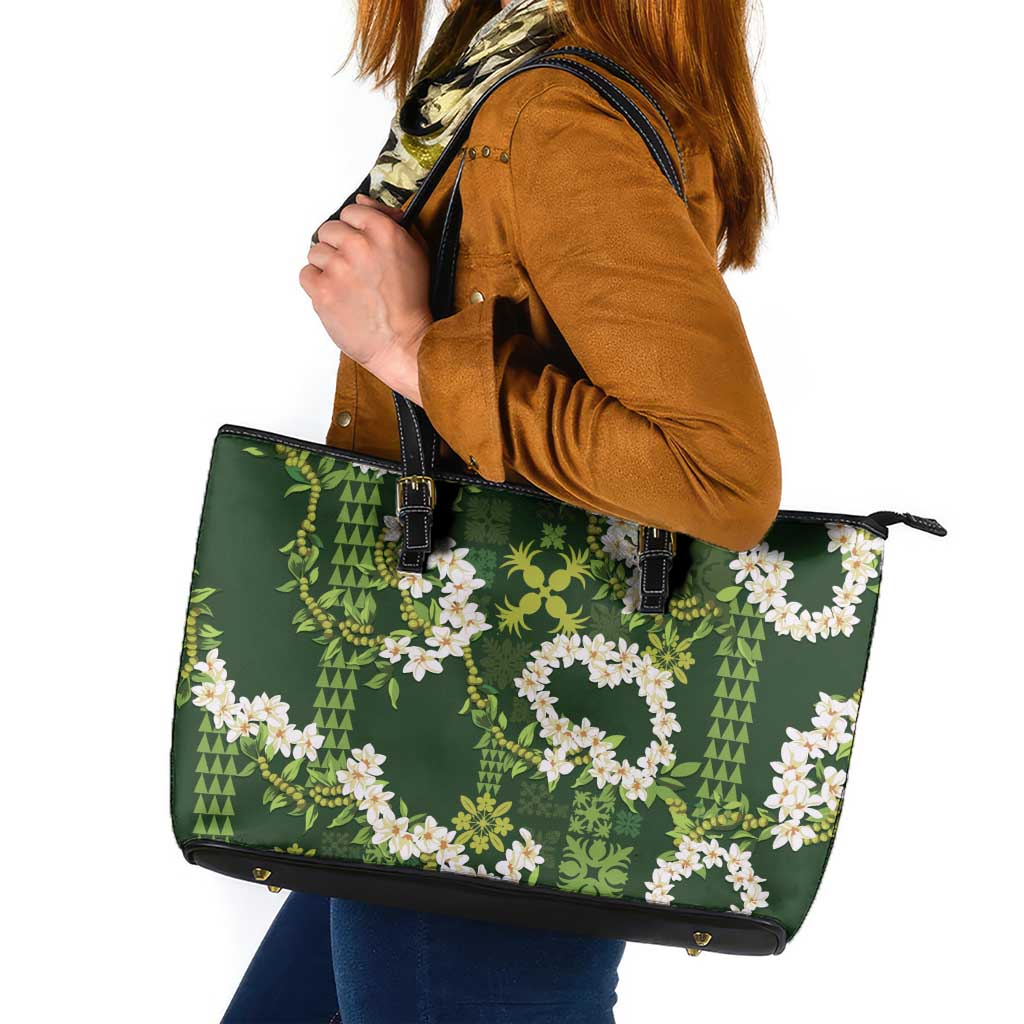 Mokihana Maile and Ilima Leis Leather Tote Bag Omaʻomaʻo Hawaiian Tapa Quilt Pattern LT9 Green - Polynesian Pride