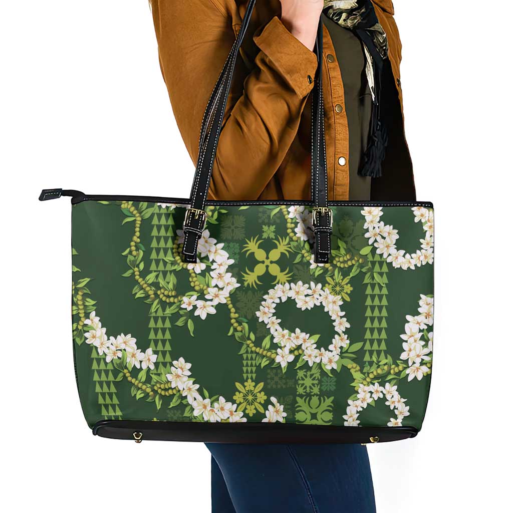 Mokihana Maile and Ilima Leis Leather Tote Bag Omaʻomaʻo Hawaiian Tapa Quilt Pattern LT9 - Polynesian Pride