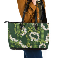 Mokihana Maile and Ilima Leis Leather Tote Bag Omaʻomaʻo Hawaiian Tapa Quilt Pattern LT9 - Polynesian Pride