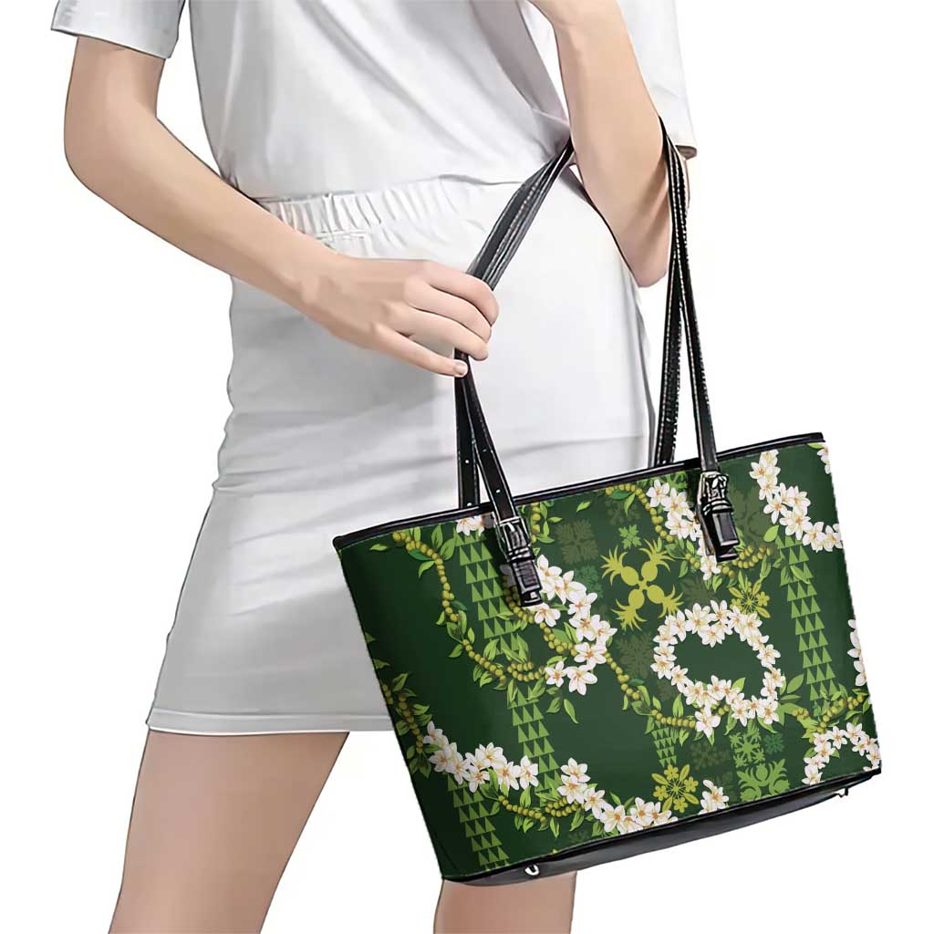 Mokihana Maile and Ilima Leis Leather Tote Bag Omaʻomaʻo Hawaiian Tapa Quilt Pattern LT9 - Polynesian Pride